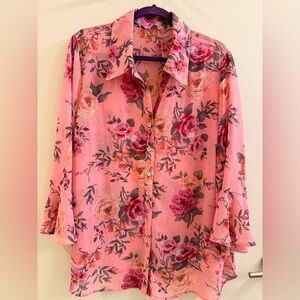Chic Rose Pink Floral Button-Up Blouse